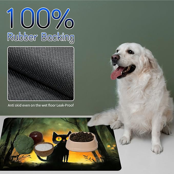 Dog Food Mat, 19.6" x 23.6" Absorbent Pet Feeding Mat for Food and Water, Waterproof Diatom Mud Pet Placemat with Non-Slip Rubber Backing, Easy Clean Cat Bowl Mat for Floors - Forest Black Cat