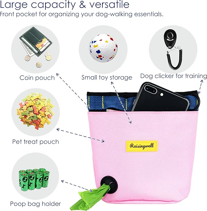 Raisingwell Dog Treat Pouch for Pet Walking and Training with Clicker 2 Cup Silicone Bag Small Fanny Pack Holder for Puppy Snack Dispenser Kit for Leash and Outdoor Use (Pink)