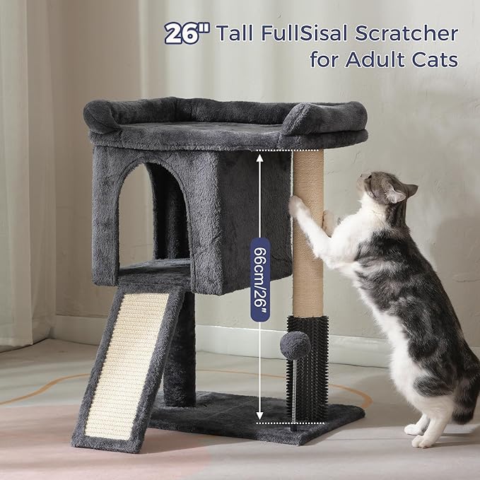 Cat Tree for Large Cats with Scratching Post, Small Cat Tower with Spacious Top Bed 20x13.8” Private Cat Condo and Ramp and Self Groomer and Spring Ball-Dark Grey