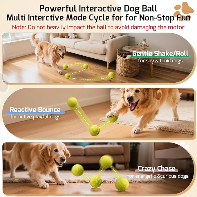 SNOYWEN Smart Interactive Dog Balls, Durable Food-Grade Rubber Material, Automatic Moving, Bouncing, Rotating Toy with Light for Medium, Large Dogs, IPX7 Waterproof (Yellow)