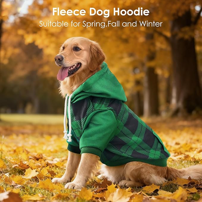 Dog Basic Hoodie Soft Dog Clothes Cold Weather Sweaters for Medium Large Dogs Cozy Fabric Warm Sweatshirt with Leash Hole for Boys (Green Plaid, Medium (10-20 lbs))
