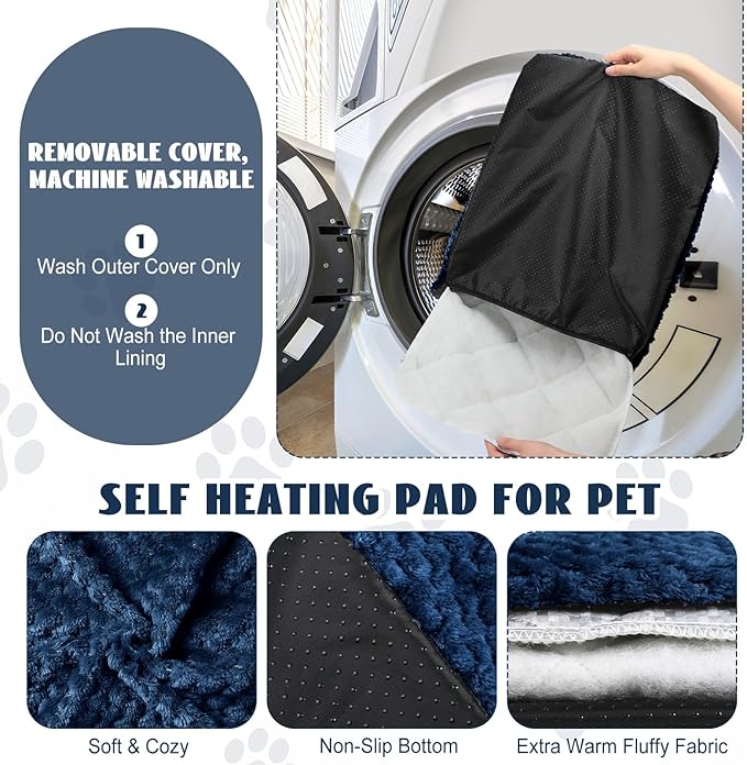 Drydiet 4 Pcs Self Heating Cat Pad Self Warming Cat Bed Dog Heating Pad Washable Thermal Pet Mat for Indoor Outdoor Pet 16 x 20 Inch Removable Non Slip(Navy Blue)