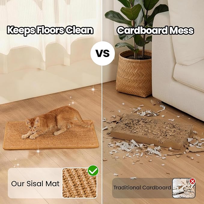Cat Scratcher Mat,Sisal Cat Scratch Pad with Hook&Loop Tape,Wall Floor Kitten Scratching Pads Rug for Indoor,Furniture Protector for Couch&Carpets&Sofas,Kitty Bithday Gifts,Large,Brown,2 Pack