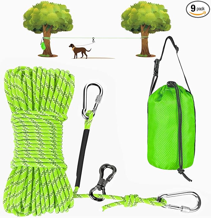 XiaZ Dog Tie Out Cable for Camping, 75FT Portable Overhead Trolley System for Dogs up to 300lbs，Dog Lead for Yard, Camping, Parks, Outdoor Events,5 min Set-up, Green