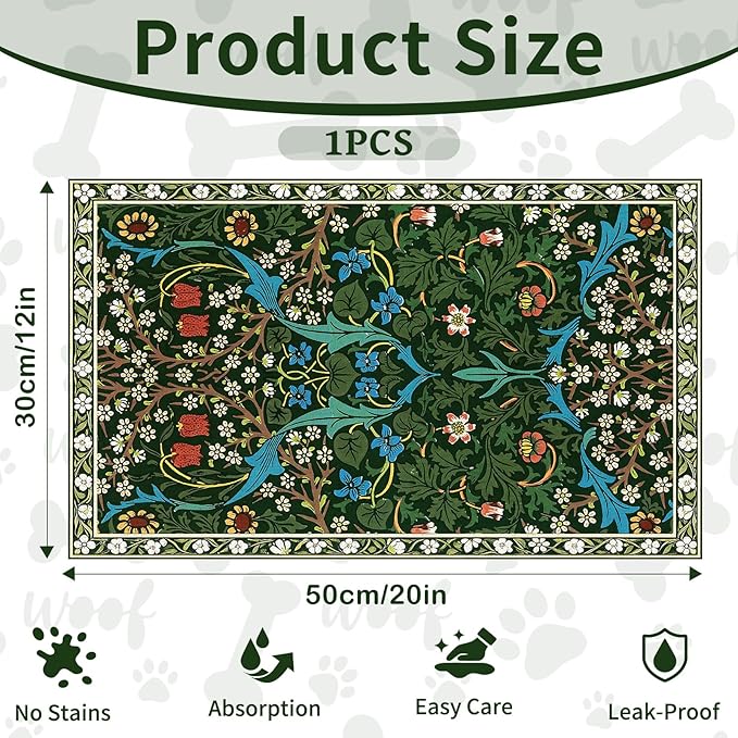 Pet Dog Cat Food Mat, Absorbent Dog Bowl Mat for Food and Water, Quick Dry Placemats Feeding Mats with Non Slip Rubber for Floors Indoor Puppy Pet Accessories Supplies 12 * 20 inch, Dark Flowers