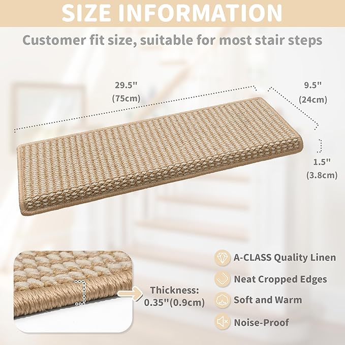 Brakki Bullnose Carpet Stair Treads, Stair Treads for Wooden Steps Indoor Runner and Pets, Non Slip Soft Edging Staircase Protectors, Washable, 29.5"x9.5"x1.5" 7pcs, Beige and Cream