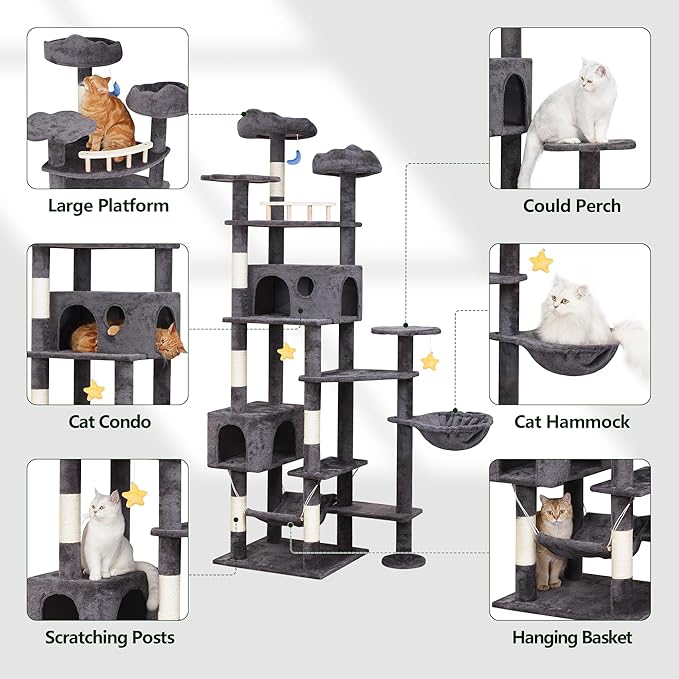 Meecal 79in Giant Cat Tree for Heavy Duty Big Cats, Large Cat Trees with Scratching Post, Cat Tree Tower with Cat Condos, Hammock & Plush Perch for Maine Coon, Smoky Gray