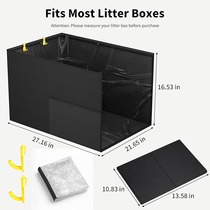 Aokeyee Cat Litter Box Enclosure Splash Guard High Side 27.16 x 21.65 x 16.53, Black All-Inclusive Waterproof Foldable Pet Litter Box Shield, Anti-Leakage, Dust Control, Easy to Clean