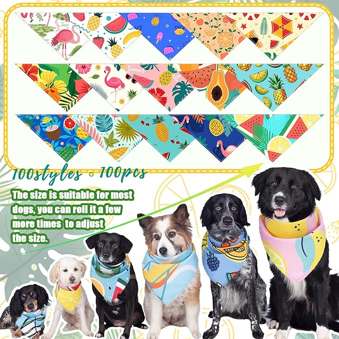Huhumy 100 Pcs Summer Bandanas for Dogs Colorful Summer Pet Bandanas Bulk Triangle Pet Bibs Scarf for Medium Large Dogs Birthday Holiday Beach Grooming Costume Decor