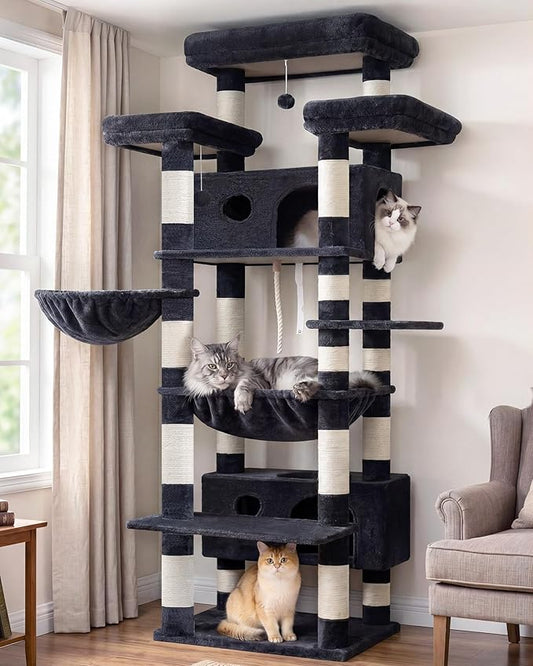 Gitelsnour Cat Tree for Indoor Cats Large Adult, 74" Cat Tower with 3 Big Platforms, 2 Baskets, 2 Condos, Multi-Level Cat Scratching Posts, Smoky Gray GCT030G