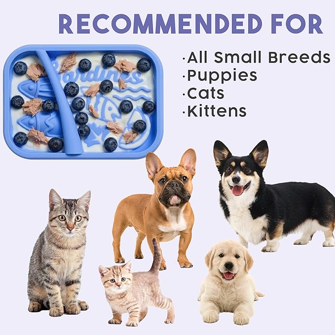 Awoo Sardina - Silicone Lick Mat + Slow Feeder for Cats & Small Dogs - Non-Slip Design with Suction Cups - Dishwasher Safe Pet Dish - Extends Mealtime and Reduces Anxiety - for Wet & Dry Food (Cobalt)
