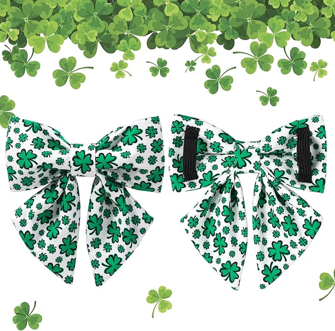 St. Patrick's Day Dog Collar with Bow Tie, Lucky Shamrock Bowtie Collar Adjustable for Girl Boy Dog, Trefoil Dog Collar Durable, Spring Green Collar for Dogs, XS
