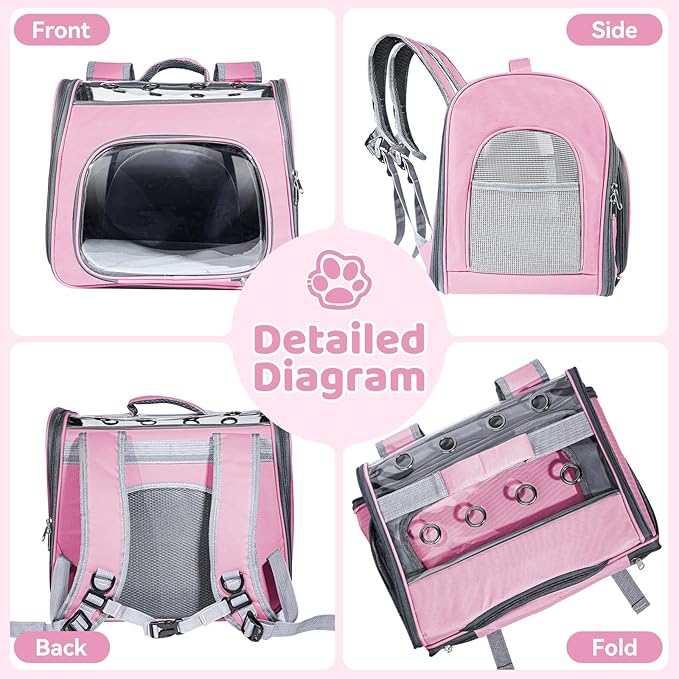 Cat Soft-Sided Carrier Backpack, Breathable Mesh Foldable Pet Travel Carrier with Reinforced Support, Portable Puppy Carrying for Kitty Up to 15lbs (Pink)
