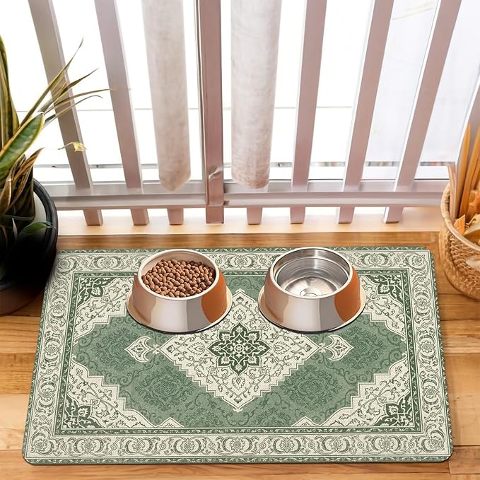 Pet Dog Cat Food Mat, Absorbent Dog Bowl Mats for Food and Water, Non Slip Boho Dogs Cat Placemats Feeding Mat for Floors Indoor Puppy Pet Accessories Supplies 12 * 20 inch, Retro Green