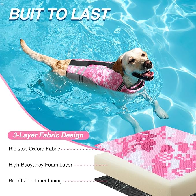 VIVAGLORY Sports Style Dog Life Vest, Dog Life Jacket for Swimming & Boating, Ripstop & Buoyancy for Puppy Doggy, Lifejacket with Handle, M, Camo Pink
