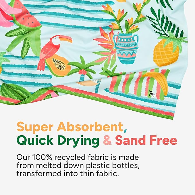 Dock & Bay Beach Towel - Quick Dry, Sand Free - Compact, Lightweight - 100% Recycled - Includes Bag - Tropicana Treat - Large (160x90cm, 63x35)