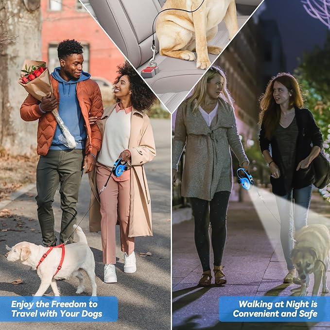 Heavy Duty Retractable Dog Leash for Large Dogs, 26ft Dog Leash with Poop Bag Holder, Up to 110lbs, chew Proof Cable, LED Light, 360° No-Tangle, One-Handed Pause & Locked (Blue, L 26ft)