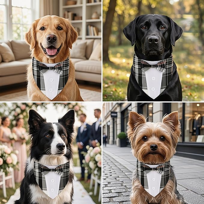 ADOGGYGO Black Dog Tuxedo Bandana, Plaid Bow Tie Collar, Adjustable Black Plaid Wedding Costume for Large Dogs (L)