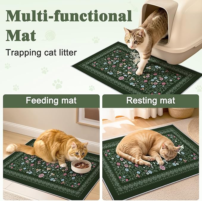 Bienbee Cat Litter Mat, 2PCS 33"x22" Machine Washable Litters Box Mats Non-Slip &Waterproof Cat Litters Trapping Mats Easy to Clean Mat for Litter Box Less Waste Protects Floors Dark Green L
