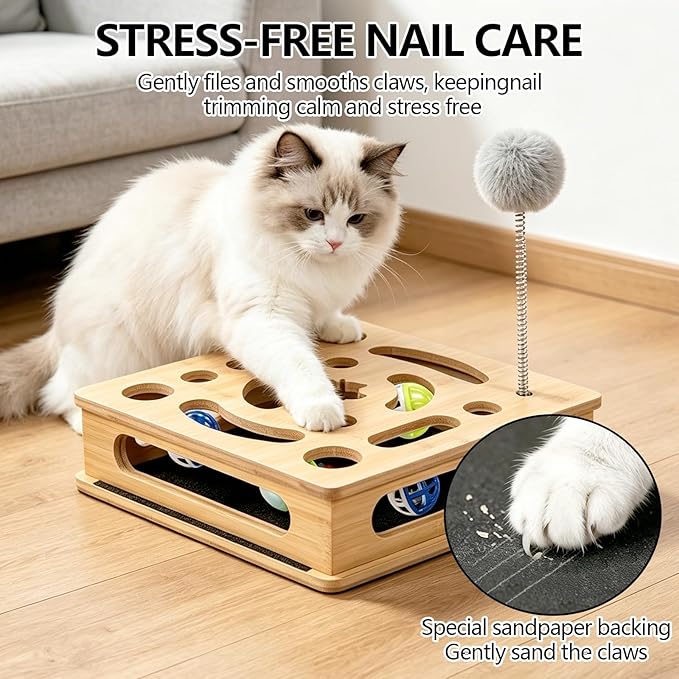 Cat Nail File Enrichment Box, Bamboo Wooden Cat Scratch Puzzle Box, Nail File Scratcher for Indoor Cats