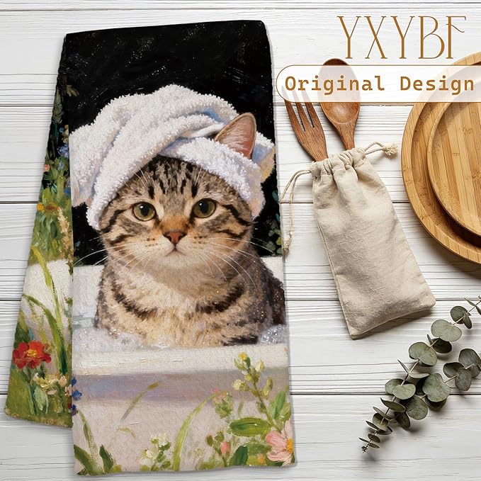 Funny Tabby Cat Hand Towels for Bathroom Washroom Spa Decor 16x24 Inches, Cat Lover Mom Lady Gifts, Floral Kitty Bathroom Hand Tea Towels Decorative