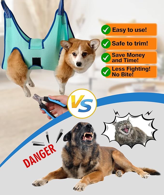 Kkiimatt Dog Grooming Hammock,Hanging Harness Holder for Nail Clipping, Nail Trimming Hammock with Wide Strap, Grooming Sling Hanger for Claw Care (X-Large 50 LB Max/Turquoise)