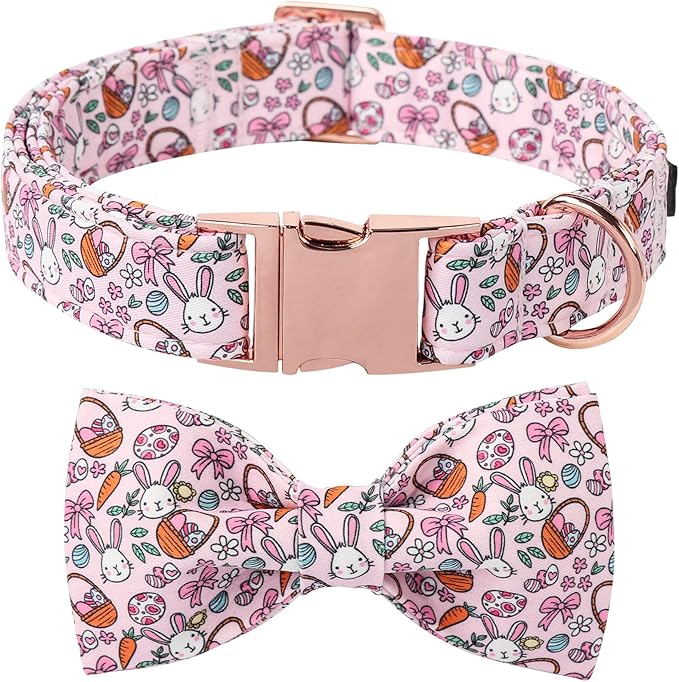 Lionet Paws Easter Dog Collar, Pink Rabbit Dog Collar for Large Dogs with Bowtie, Adjustable Cotton Eggs Bowtie Pet Collars for Large Dogs