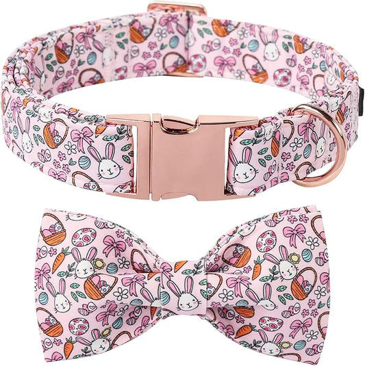 Lionet Paws Easter Dog Collar, Pink Rabbit Dog Collar for Large Dogs with Bowtie, Adjustable Cotton Eggs Bowtie Pet Collars for Large Dogs