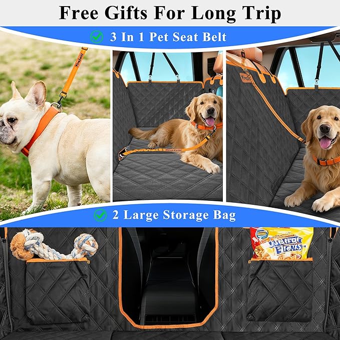 Hard Bottom Back Seat Extender for Dogs, Waterproof Dog Car Seat Cover with Joint-friendly Sponge Pad, 600 lbs Support Dog Hammock with Mesh Window, Universal Fits Sedan, SUV(Black & Orange)