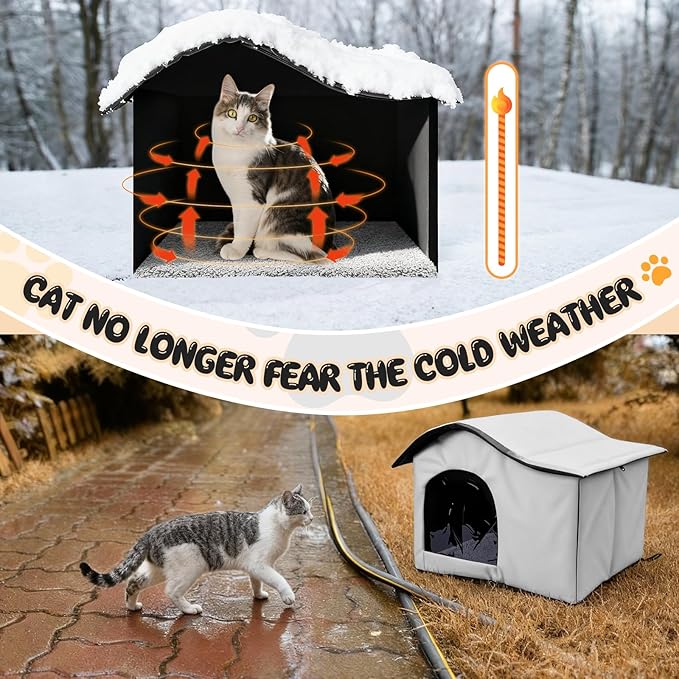 Self Heating Outdoor Cat House Weatherproof Insulated Stray Pet Feral Cat House Outdoor for Winter Collapsible Cats Shelter with Self Warming Mat Blanket and Tent Stakes for Feral Cats Dog