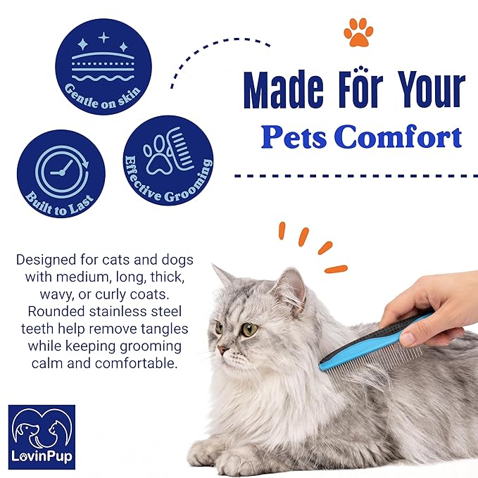 Pet Metal Comb for Dogs and Cats (2-Pack) - Stainless Steel Rounded Teeth for Painless Detangling - Dual-Spacing for Small & Large Pets with Comfort Grip Handle - Professional Grooming Tools