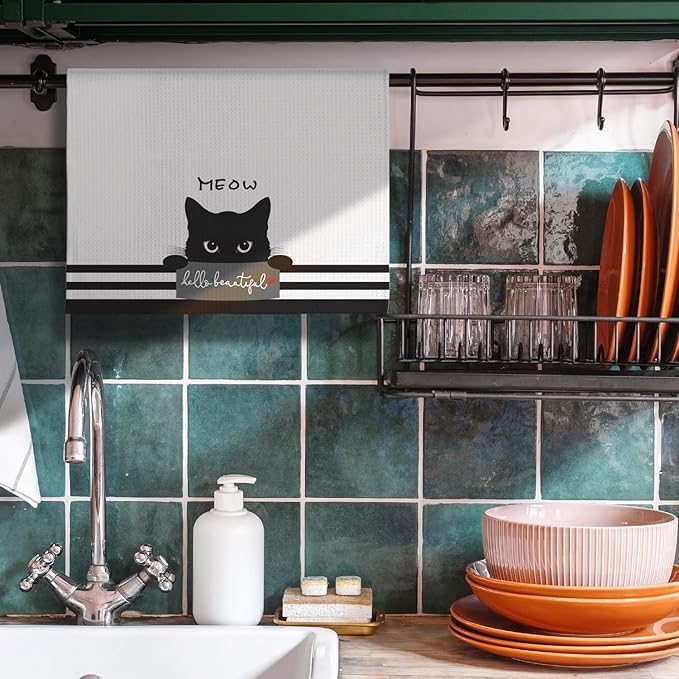 Cat Kitchen Towels, Cat Art with 'Beautiful' Compliment Motif, Flattering Hand Towel for Women Who Cherish Kittens & Pet Mom Devotees, Perfect for Decorating Kitchen
