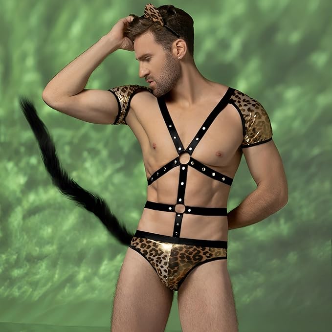 Men's Sexy Leopard Costume - 2-Piece Wild Cat Roleplay Lingerie Set, Studded Chest Harness Bodysuit with Long Tail & Ear Headband - Exotic Kitten Outfit for Bedtime, Clubwear & Pride