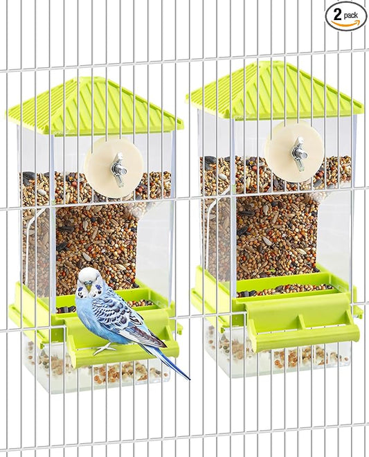 Hamiledyi 2 Pcs Automatic Bird Feeder No Mess Bird Cage Feeder Seed Food Container with Perch Transparent Parrot Cage Accessories for Parakeets, Budgies, Cockatoos, Finches, Lovebirds (Green)