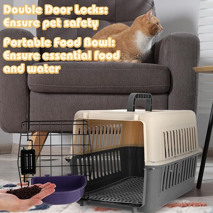 2 Set Hard Plastic Pet Carrier Breathable Dog Cat Kennel with Metal Door Bowl Grille Mat Pet up to 14 Lbs Carrier for Walking Camping Vet Visits Travel, 17.3"L x 11.8"W x 10.6"H(Gray White)