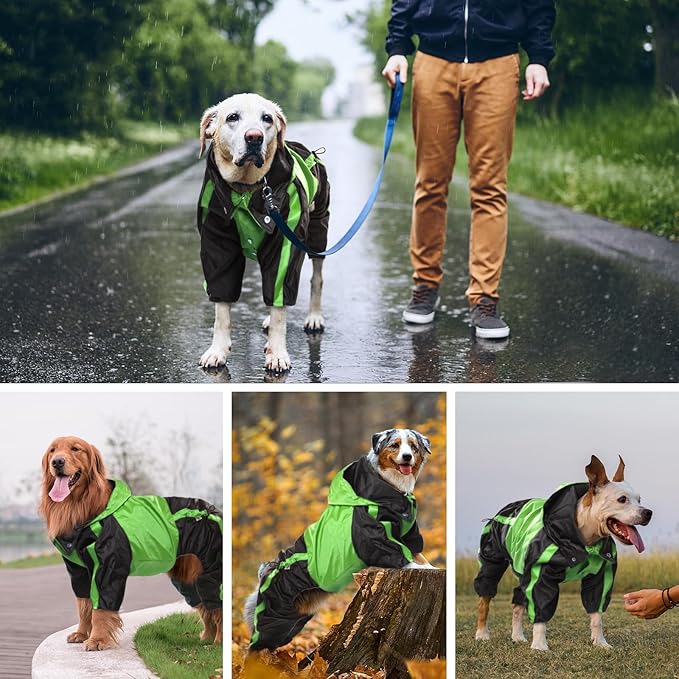 Lightweight Dog Rain Jacket, Adjustable 4-Legs Pet Poncho with Hood, Snow-Proof Dog Vest Rainwear, Rain Clothes Apparel with Leash Hole