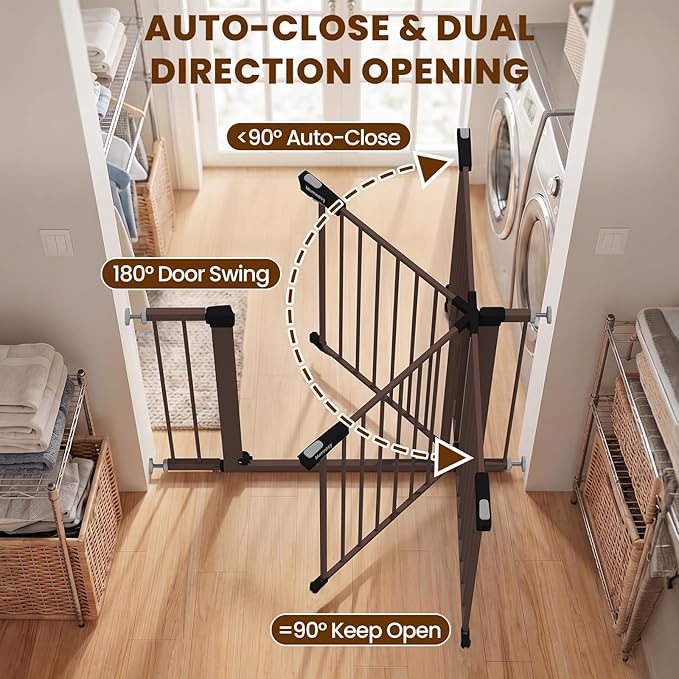 Mumeasy 29.7-40.6" Baby Gate for Stairs, Auto Close Dog Gate for Doorways, Pressure Mounted No Drill Pet Gate with Easy Walk Thru Door, Double Lock, Brown
