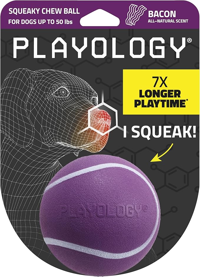 Playology Dog Toys | Squeaky Chew Ball for Dogs | Bacon Scented Medium Dog Ball | Bouncy Floating Chew Toys for Fetch