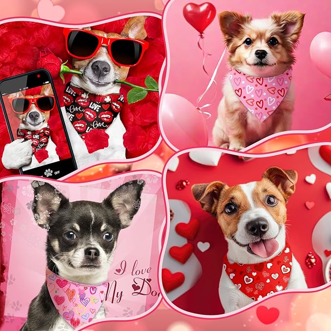 Abbylike 200 Pcs Valentine Dog Bandanas Bulk Red and Pink Bandanas for Dogs Triangle Kerchief Bibs Scarf Set for Pet Valentine Costume Photo Props Accessories Pet Shops Groomer Owner, 25 Styles