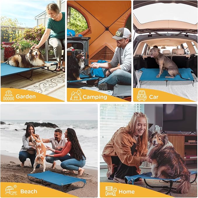CANINE CANYON Daisy Cot, Medium Foldable Elevated Dog Bed, Portable Raised Outdoor Folding Dog Cot, Cooling, Chew Proof, Waterproof, Heavy Duty Up to 160 Lbs for Camping/Home, Dark Blue, 32"x 19"x6"
