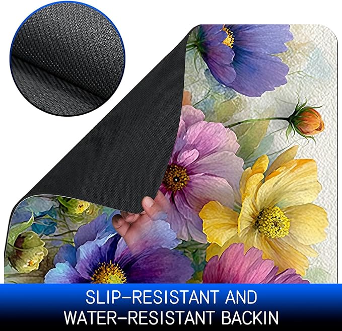 Dog Food Mat, 19.6" x 23.6" Absorbent Pet Feeding Mat for Food and Water, Waterproof Diatom Mud Pet Placemat with Non-Slip Rubber Backing, Cat Bowl Mat for Floors - Purple-Green Flowers