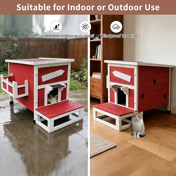 Rockever Outdoor Cat House, Large Outdoor Houses for Feral Cats Wooden Outside Cat Shelter Weatherproof with Escape Door-Red
