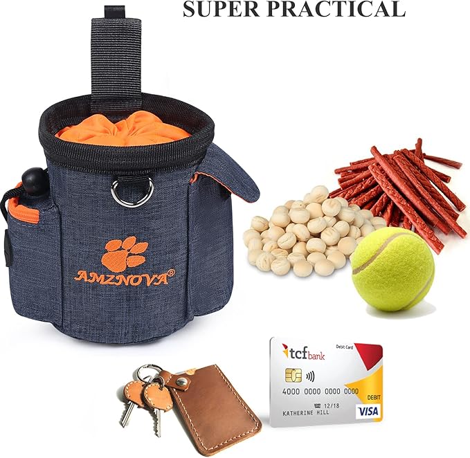 AMZNOVA Dog Treat Bag Treatnow Dog Treat Pouch, Training Pouch with Waist Belt & Clicker for Training & Walking, Waist Clip On Snack Fanny Pack for Pet, 3Cups, Heather Blue