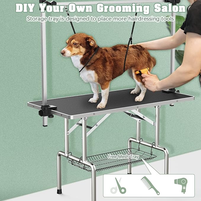 Dog Grooming Table, Adjustable Large Pet Drying Desktop, Foldable Bathing Desk with Arms, Noose, Mesh Tray, Maximum Capacity Up to 330Lb, 46in, Dark Black
