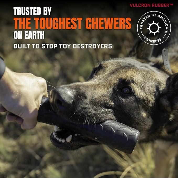 Monster K9 Chew Stick | Virtually Indestructible. Lifetime Guaranteed. | USA Made | VULCRON™ Natural Rubber | Durable, Heavy Duty Tug & Fetch Dog Toy for Aggressive Chewers | Med/Large Breeds, 9x1.75”
