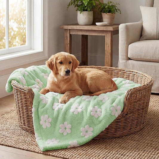Horaldaily Pets Flannel Blanket, Green Flowers 3D Textured Soft Fuzzy Fluffy Plush Cozy Fleece Premium Blankets for Dog Cat Puppy Kitten Couch Protection, 20x30