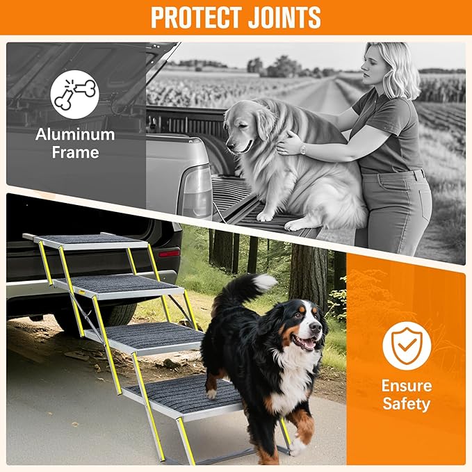 Dog Stairs for Large Dogs - Reflective 20" Wide Dog Car Ramp, 4-Step Aluminum Stairs with Non-Slip Carpet - Foldable Design for Trucks/SUVs/Beds - Heavy Duty 200Lbs Capacity for Large Breeds