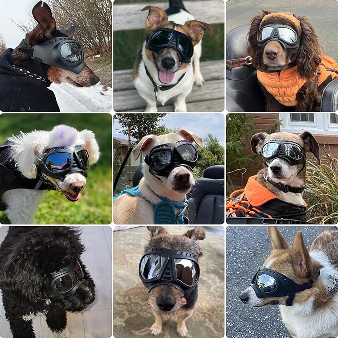 Dog Goggles for Small to Medium Breeds, Small Dog Sunglasses UV Protection Windproof Snowproof, Outdoor Driving/Riding/Hiking Eyes Wear, Soft Frame Adjustable Straps, Silver Lens