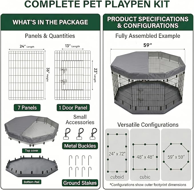 PJYuCien Octagonal Dog Playpen with Top Cover and Bottom Pad - Metal Foldable Exercise Pen, 8 Panels 36" H x 24" W Indoor Outdoor Pet Fence Puppy Crate Kennel, Gray