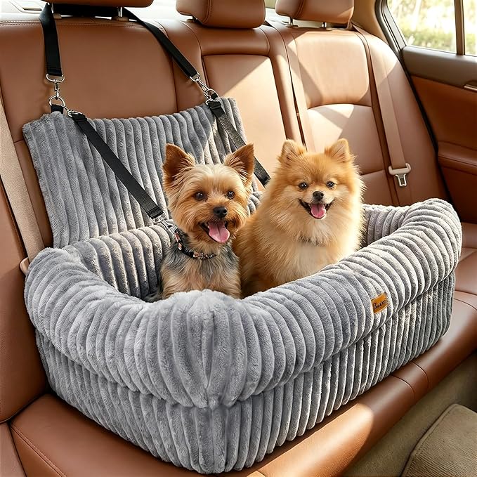 Pawaboo Dog Car Seat, Dog Booster Car Seats with Memory Foam, Thickened Cushion & Washable Removable Cover, Pet Travel Carseat Bed with Safety Leashes for Medium/Large Dogs or 2 Small Dogs, Gray